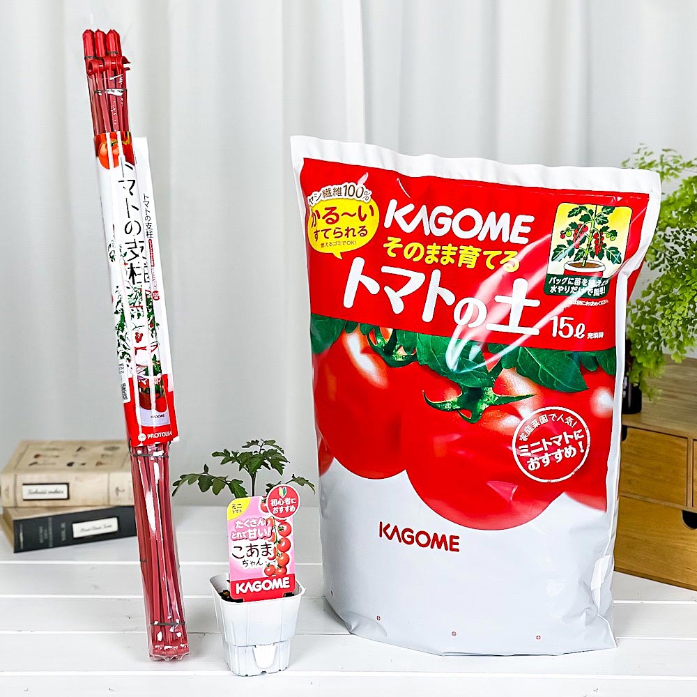 PLANCHU ベランダ菜園 野菜栽培セット カゴメ ミニトマト苗 こあまちゃん （苗 培養土 支柱 3点セット） KAGOME トマト栽培セット 家庭菜園 簡単